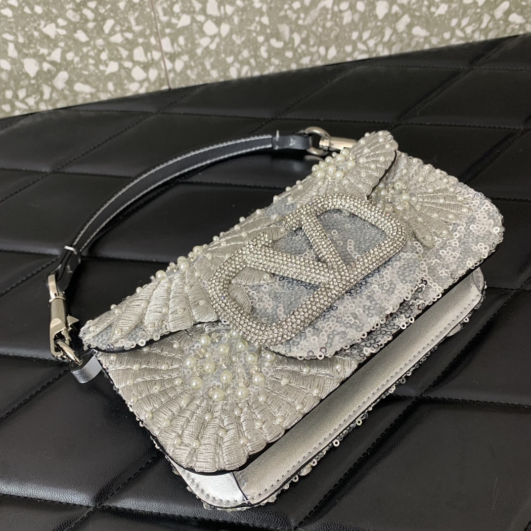 Valentino Garavani Loco Small Embroidered Shoulder Bag in Light Grey